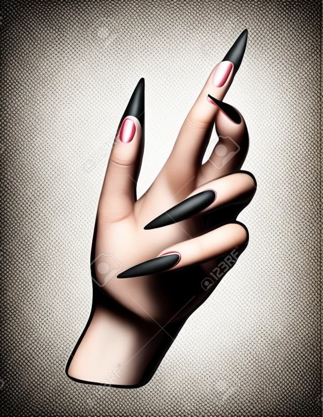 Longas unhas manicure mulheres mão preto pele acrílico falso manicure glamour ilustração