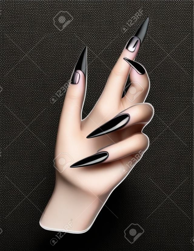 Long nails manicure women hand black skin acrylic fake manicure glamour illustration