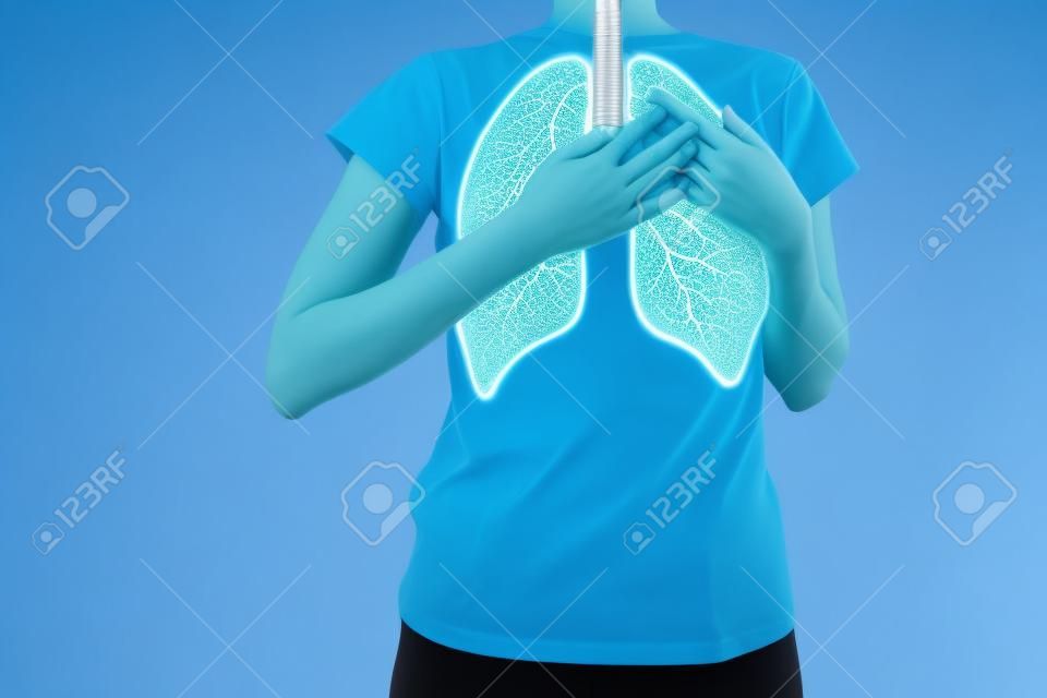 pulmones sanos azules resaltados en el cuerpo de la mujer