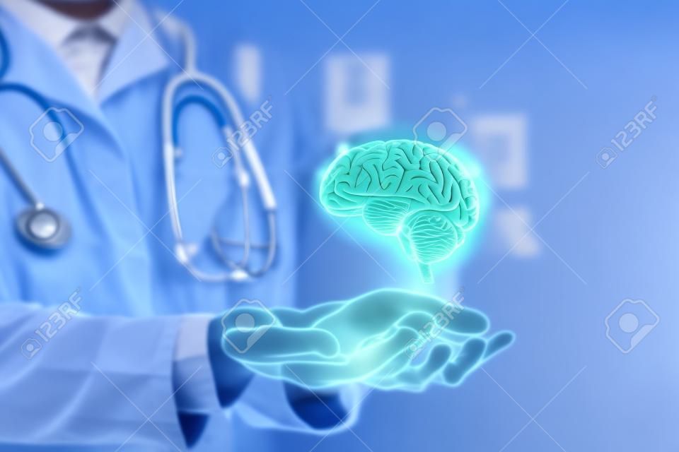 Mózg wydaje koncepcję medyczną. zdjęcie lekarki, puste miejsce.