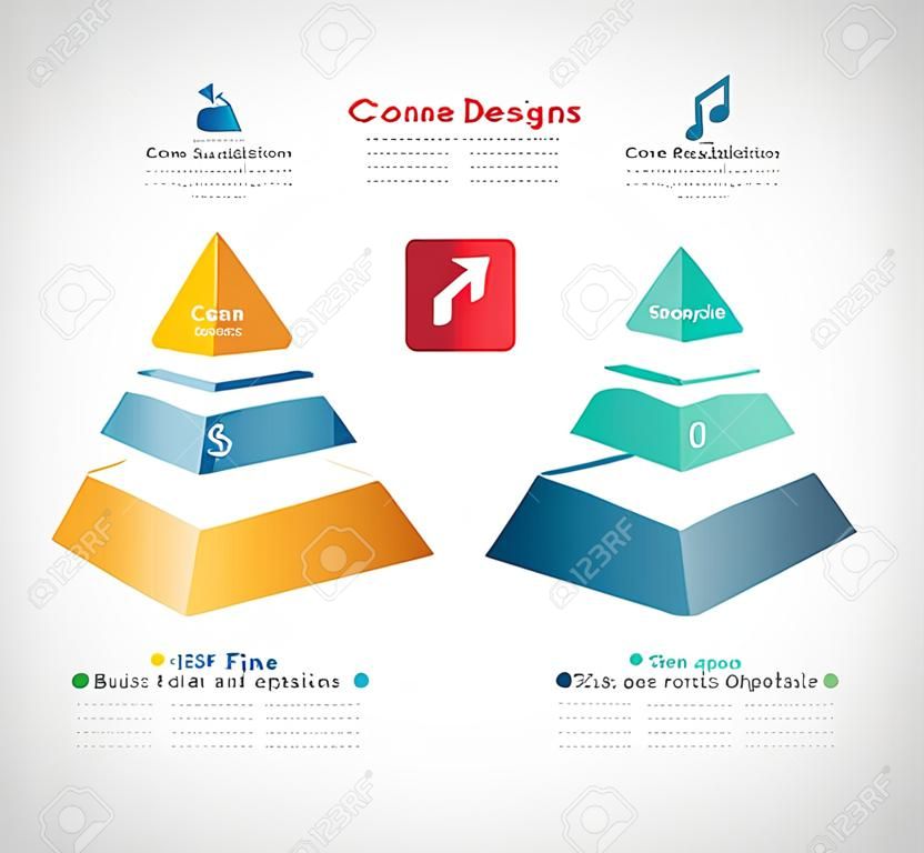 비즈니스 디자인에 대 한 피라미드 정보 차트 그래픽. 아이콘 원뿔 모양의 보고서, 단계 프리젠 테이션.