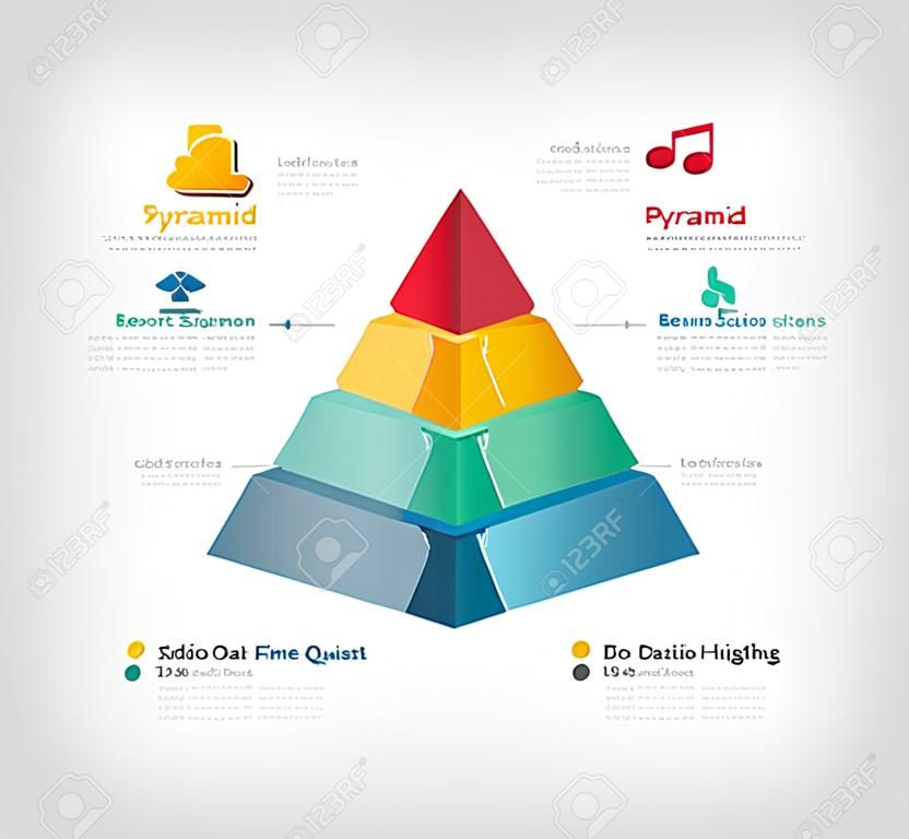 비즈니스 디자인에 대 한 피라미드 정보 차트 그래픽. 아이콘 원뿔 모양의 보고서, 단계 프리젠 테이션.