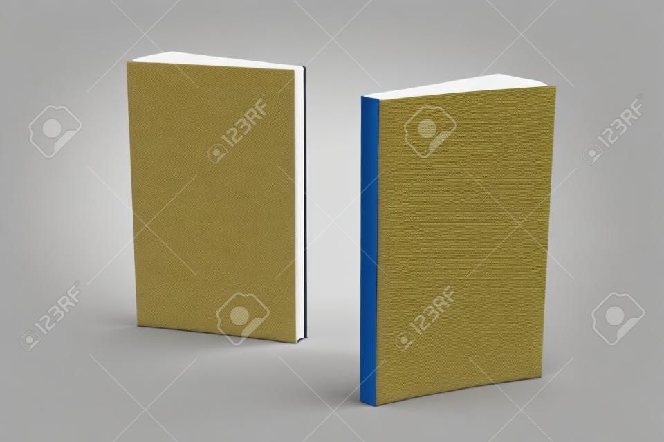 Two standing books. Presentation of front cover, spine and back cover. 3D illustration of mock-up template.