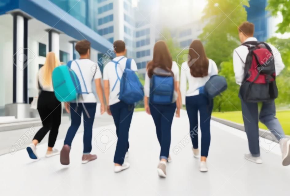 Education concept. Students going to classes and chatting, back view