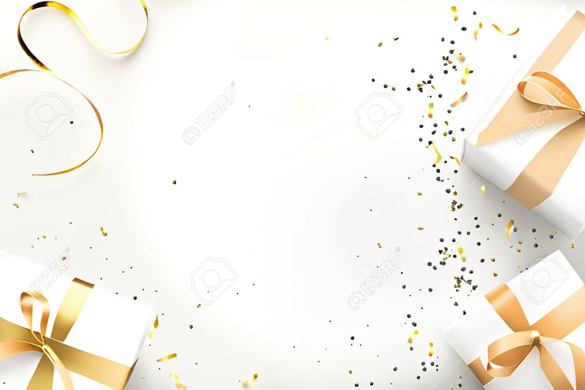 Merry Christmas and Happy New Year background with wrapped presents and confetti, copy space for text