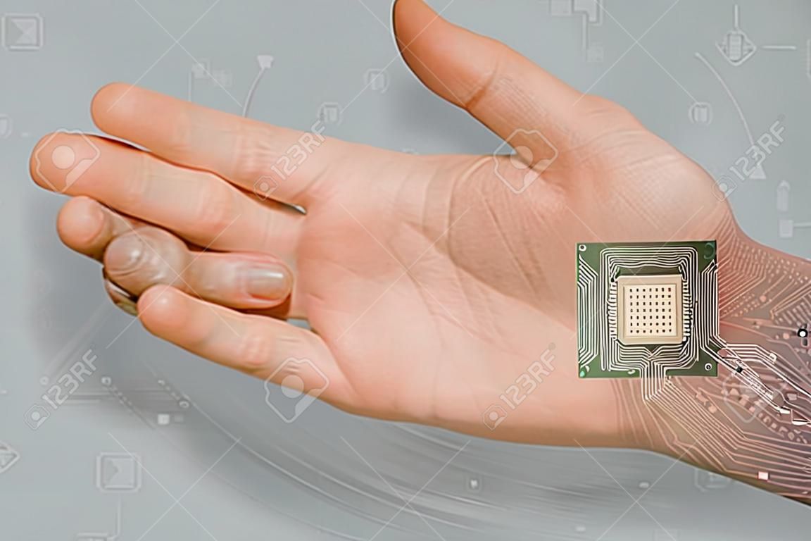 Microchipped Man Showing Male Hand With Integrated Microchip Circuit Over Gray Background. Futuristic Hi-Tech Innovations And Human Future. Cropped, Closeup, Collage