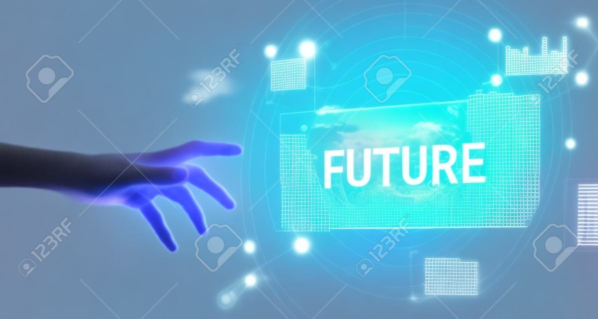 Zukünftiges Technologiekonzept. Illustration einer Hand, die sich auf den virtuellen Bildschirm mit Kreisschaltfläche, Banner, Panorama ausstreckt. Doppelbelichtung mit Netz- und Wirtschaftswachstumsdiagramm im Hintergrund