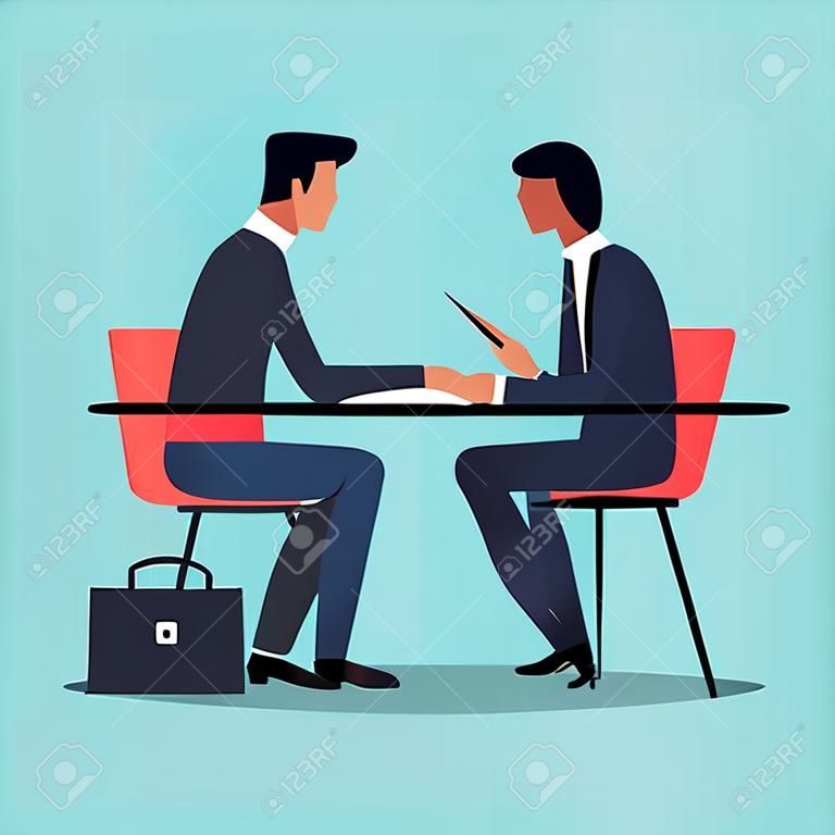 Concepto de reclutamiento. Solicitante de empleo y gerente de recursos humanos sentados en el escritorio en una entrevista de trabajo sobre fondo turquesa. cuadrado, vectorial