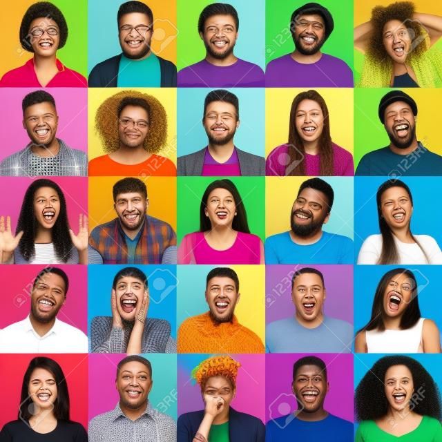 Collage of multiracial people expressing different emotions on bright backgrounds. Diverse society concept