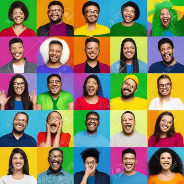 Collage de personnes multiraciales exprimant différentes émotions sur des arrière-plans clairs. Concept de société diversifiée