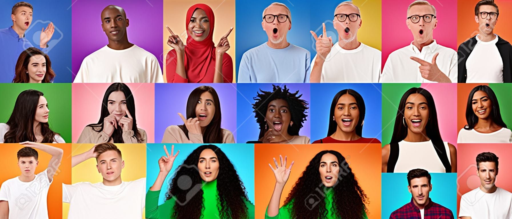 People Of Different Age And Ethnicity Expressing Diverse Emotions Over Colorful Backgrounds