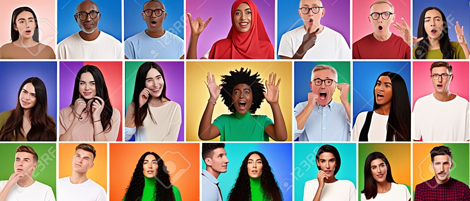Pessoas de diferentes idades e etnias expressando diversas emoções sobre fundos coloridos