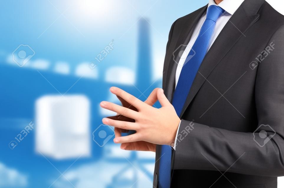 Businessman gesturing with both hands.