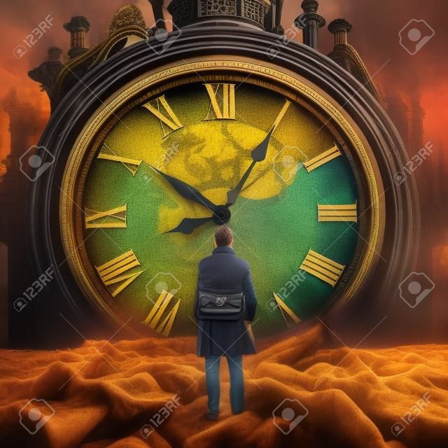Young Man Looking At The Big Clock. Time Is Running Out Concept Stock Photo,  Picture and Royalty Free Image. Image 206871942.