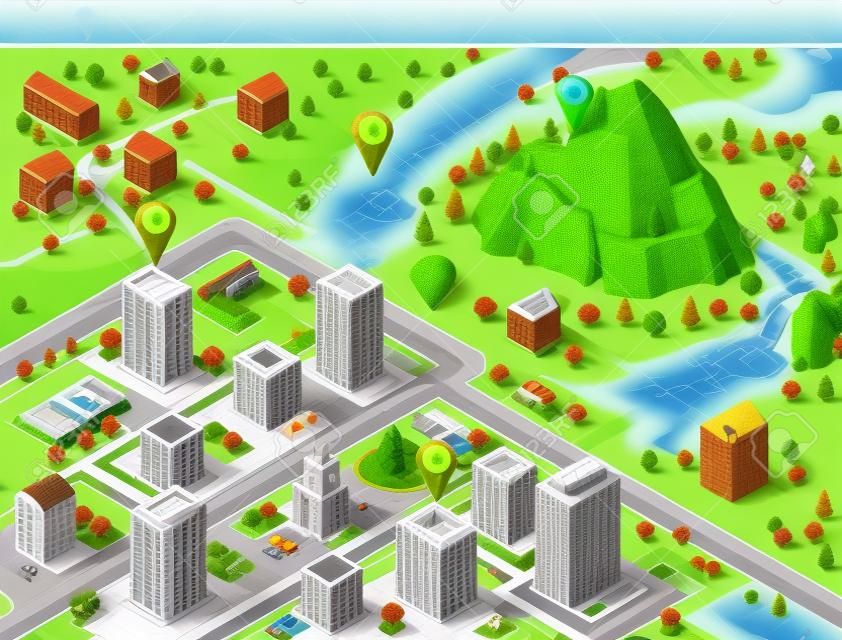 도시 건물, 마을, 도로, 공원, 평야, 언덕, 산, 호수, 강, 폭포가있는 등각 투영 풍경. 자세한 도시 건물의 집합입니다. GPS 네비게이션 기능이있는 3D 아이소 메트릭지도