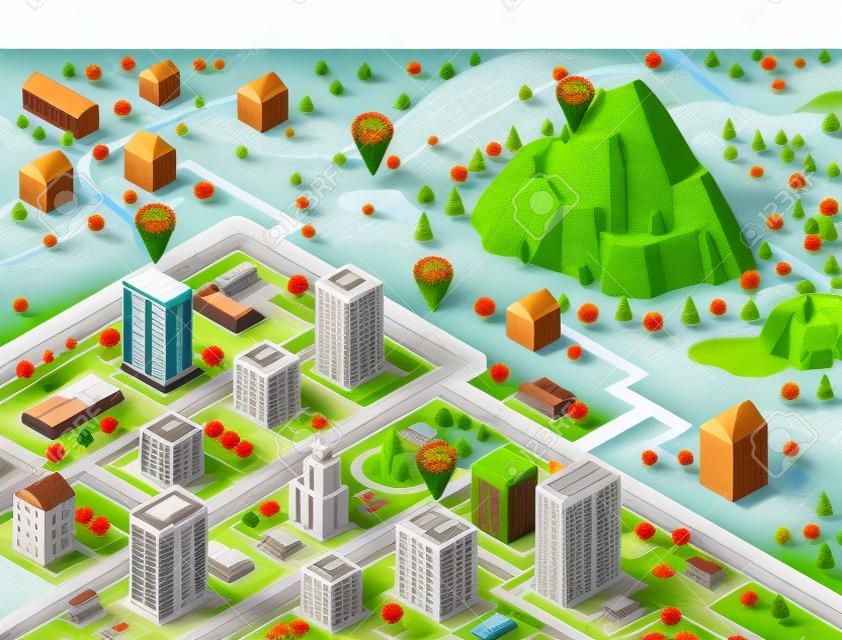 도시 건물, 마을, 도로, 공원, 평야, 언덕, 산, 호수, 강, 폭포가있는 등각 투영 풍경. 자세한 도시 건물의 집합입니다. GPS 네비게이션 기능이있는 3D 아이소 메트릭지도