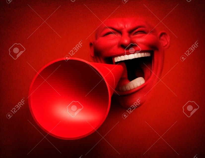 Rosto vermelho gritando em megafone