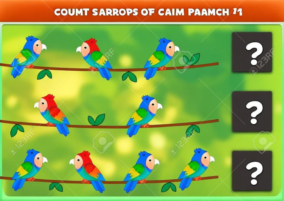 Count the number of parrots on each branch. Math game for kids.