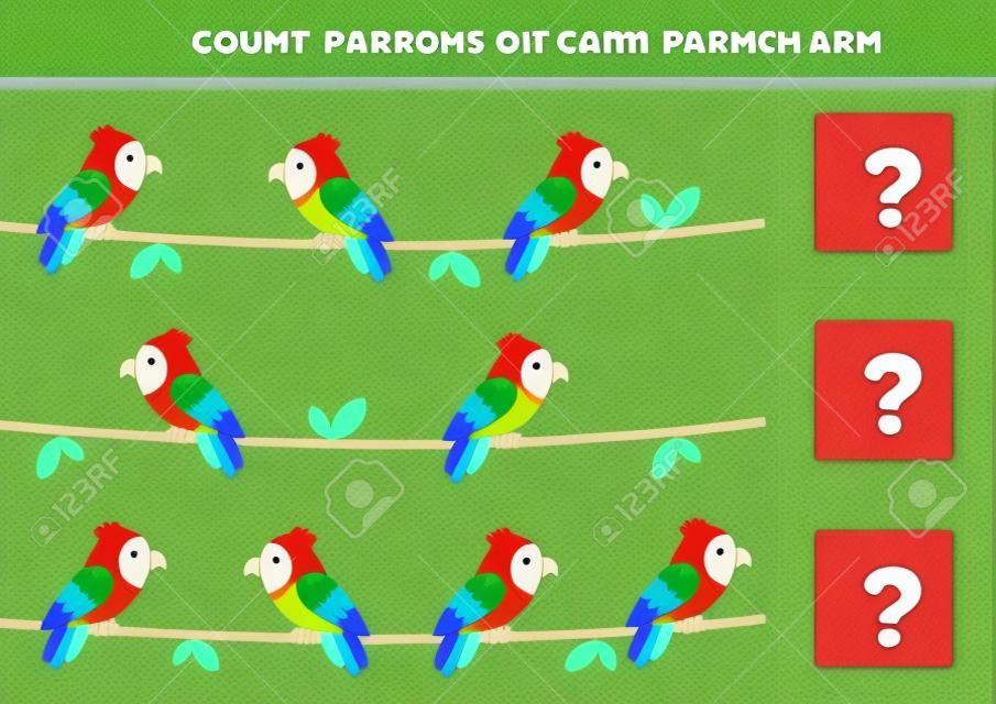 Count the number of parrots on each branch. Math game for kids.