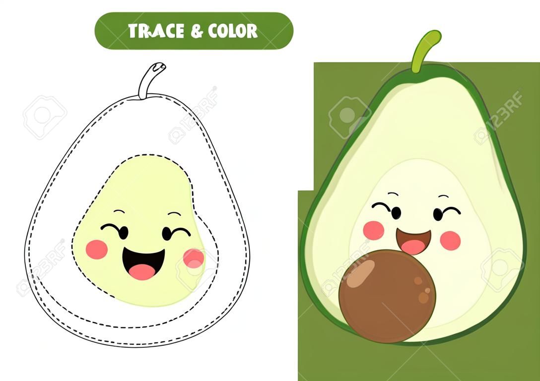 Trace and color cute kawaii avocado. Educational printable game for kids. Coloring page for preschoolers. Handwriting practice for children.