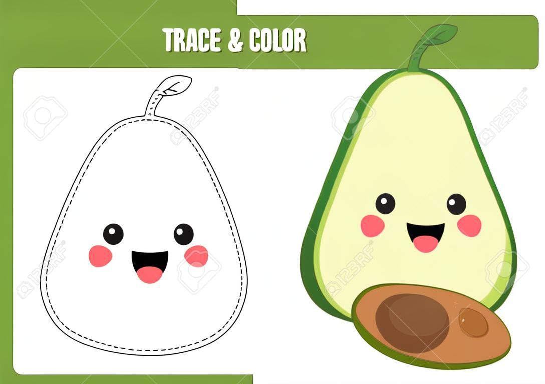 Trace and color cute kawaii avocado. Educational printable game for kids. Coloring page for preschoolers. Handwriting practice for children.