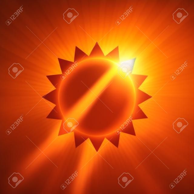 Helle Sonne mit Strahlen auf einem orangefarbenen Hintergrund