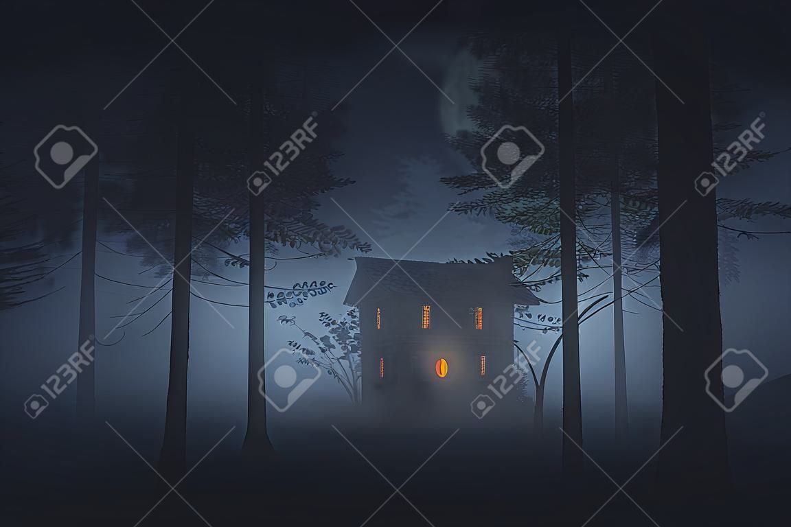 晚上在神秘的恐怖森林中的恐怖房子