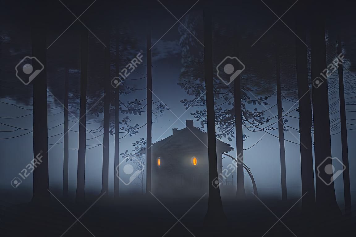 unheimliches Haus im mysteriösen Horrorwald bei Nacht
