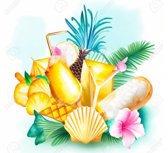 Composição com sorvete, ramo de palmeira, flores, abacaxi, concha e coquetéis no fundo branco.