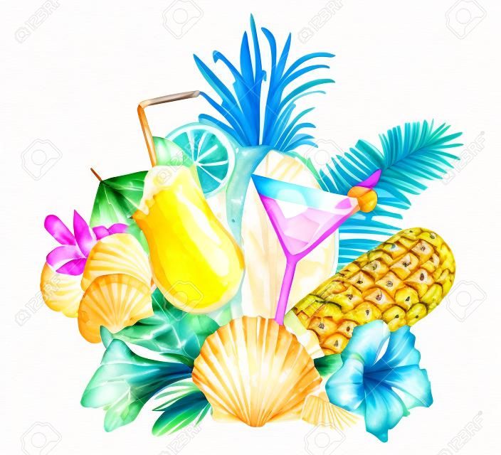 Dondurma, palmiye ağacı dalı, çiçekler, ananas, deniz hayvanı kabuğu ve beyaz zemin üzerine kokteyller ile kompozisyon. Suluboya elle çizilmiş illüstrasyon