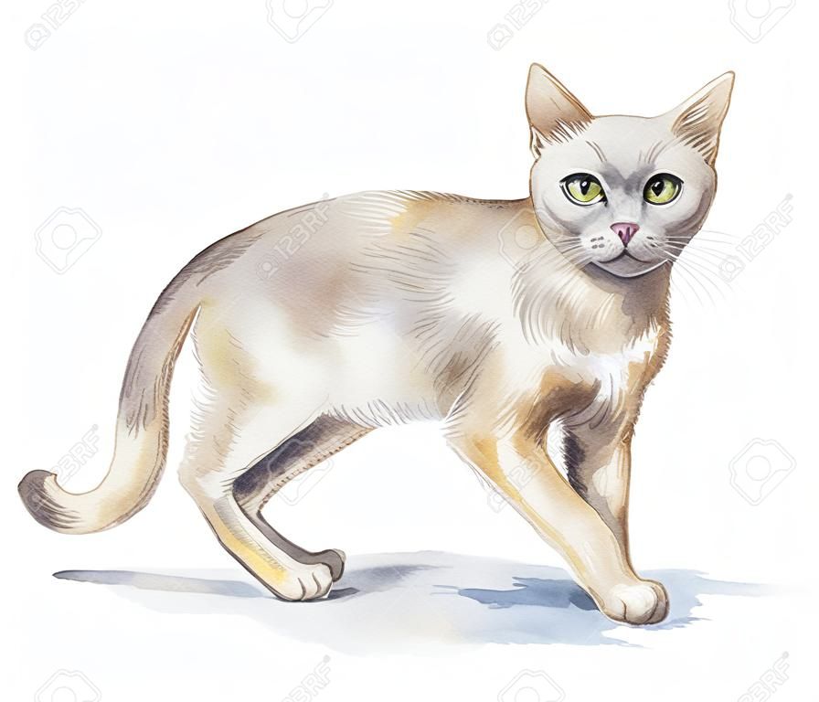 Photo d'un chat birman sur fond blanc. Illustration aquarelle peinte à la main