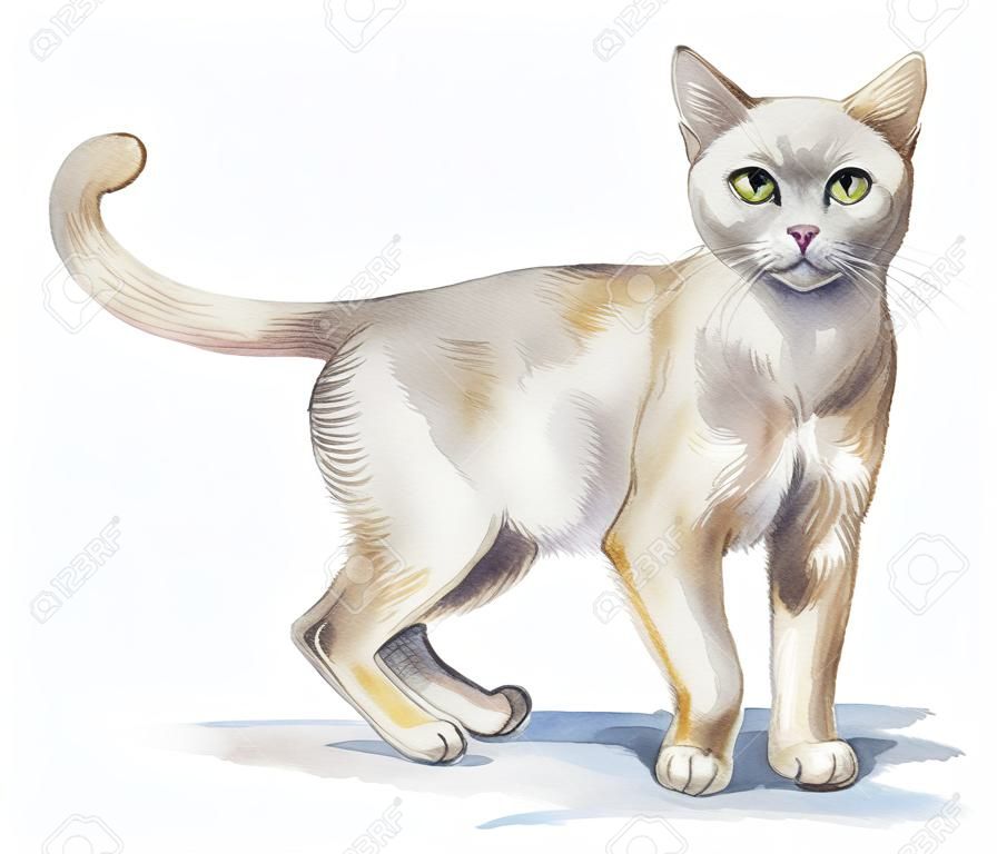 Picture of a Burmese cat in white background. Watercolor hand painted illustration