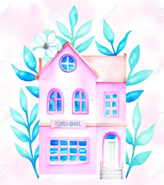 Pink cartoon school building in flowers isolated on white background. Watercolor hand painted illustration