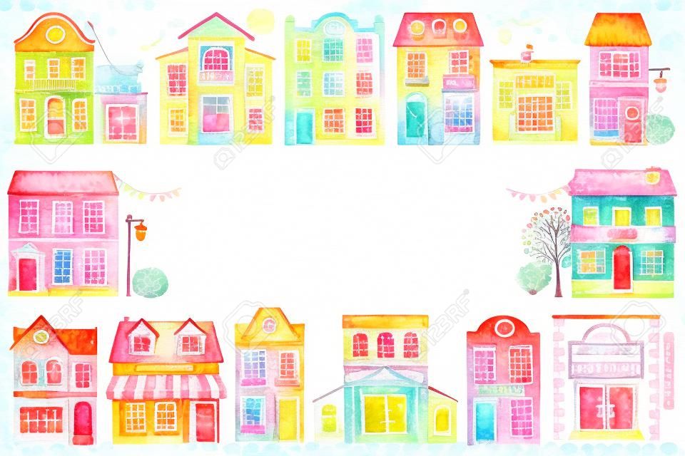 Rectangle frame with cute cartoon city buildings isolated on paper texture background. Watercolor hand painted illustration