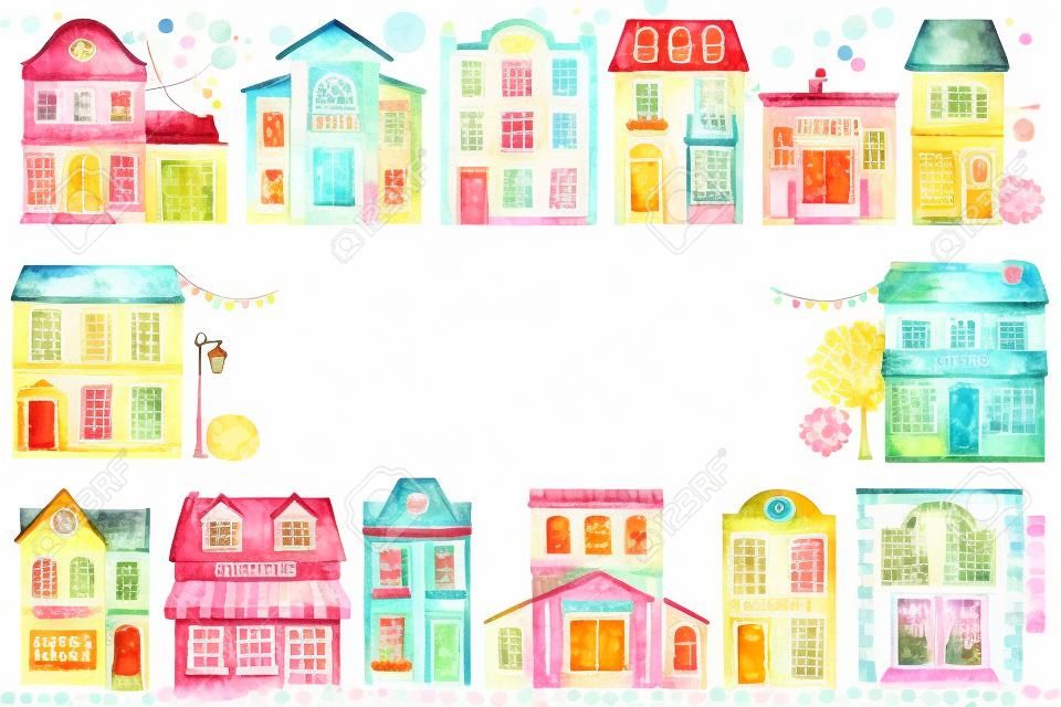 종이 질감 배경에 고립 된 귀여운 만화 도시 건물과 사각형 프레임. 수채화 손으로 그린 그림