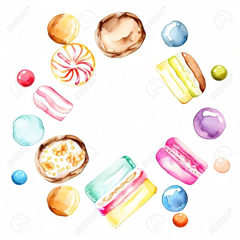 Border round frame multicolor various sweets isolated on white background. Watercolor hand drawn illustration