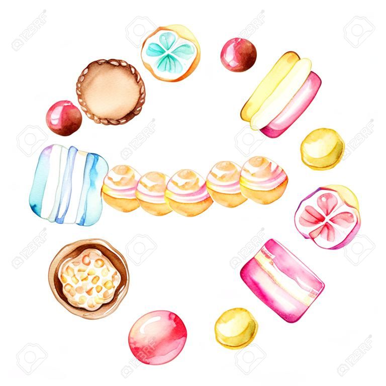 Border round frame multicolor various sweets isolated on white background. Watercolor hand drawn illustration