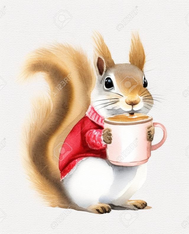Akwarela Boże Narodzenie vintage dziewczyna wiewiórka w swetrze ubrania siedzieć i trzymając wakacje Boże Narodzenie gorący napój na białym tle. ręcznie rysowane ilustracja szkic