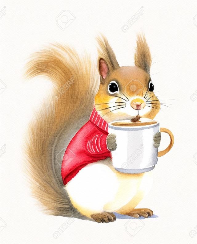 Akwarela Boże Narodzenie vintage dziewczyna wiewiórka w swetrze ubrania siedzieć i trzymając wakacje Boże Narodzenie gorący napój na białym tle. ręcznie rysowane ilustracja szkic