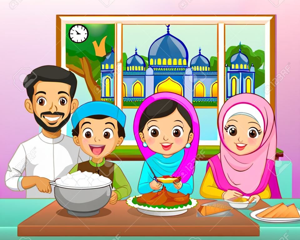 Dessin animé famille musulmane heureuse célébrant la fête de l'Iftar