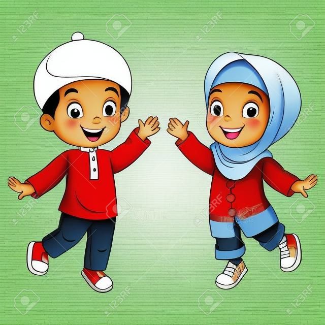 Dibujos animados de niño y niña musulmana feliz