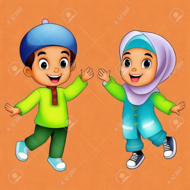 Dibujos animados de niño y niña musulmana feliz