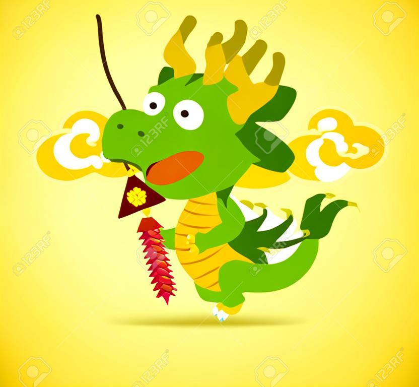 Baby Chinese Dragon holding a firecracker.