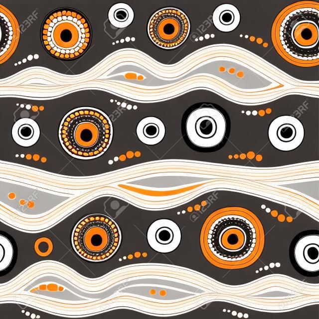Australian aboriginal seamless vector pattern with white and orange dotted circles, rings and crooked stripes on black background