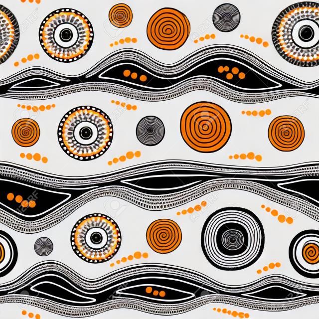 Nahtloses Vektormuster der australischen Ureinwohner mit weißen und orange gepunkteten Kreisen, Ringen und krummen Streifen auf schwarzem Hintergrund