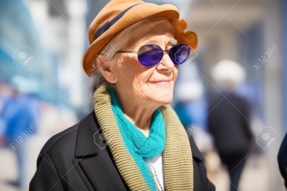 Portrait of an elderly woman in a hat and sunglasses on the street
