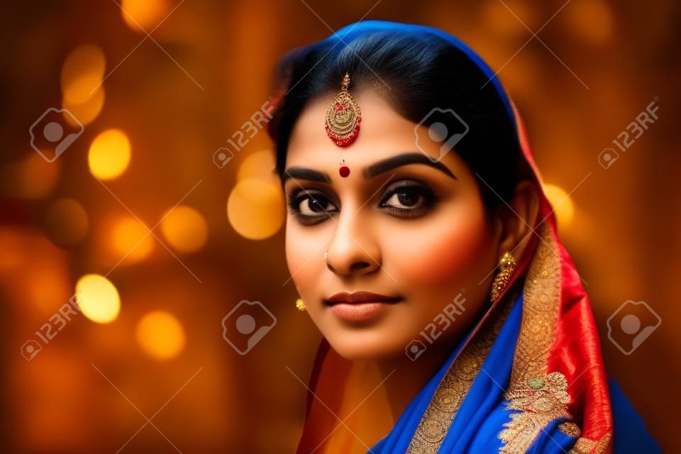 Portret van een mooie Indiase vrouw met sari in de stad