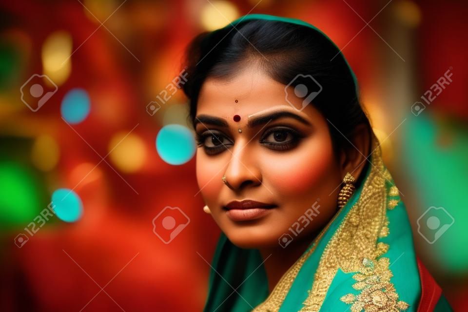 Retrato de uma linda mulher indiana com sari na cidade