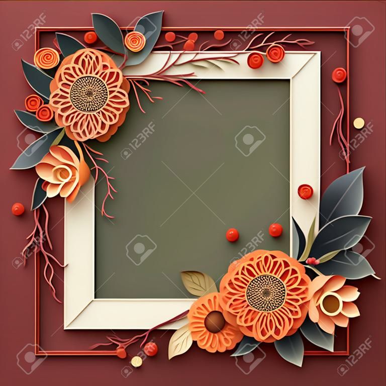 Marco vintage con flores, hojas y bayas, ilustración vectorial