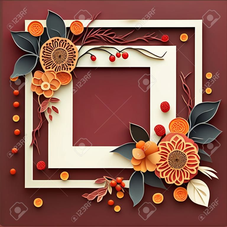 Vintage frame with flowers, leaves and berries. Vector illustration.